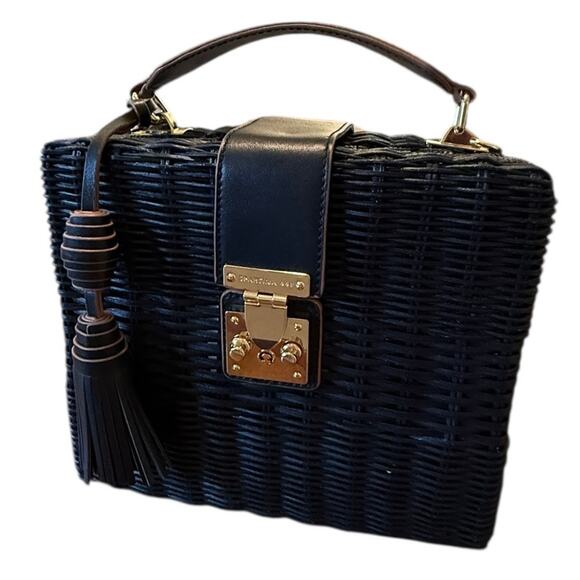 Spartina 449 Black Rattan Box Bag Leather Trim Gold Hardware Top Handle - Picture 8 of 16